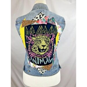 Upcycled Denim Vest Sz L Def Leppard Patchwork Punk Studs Boho Festival Concert